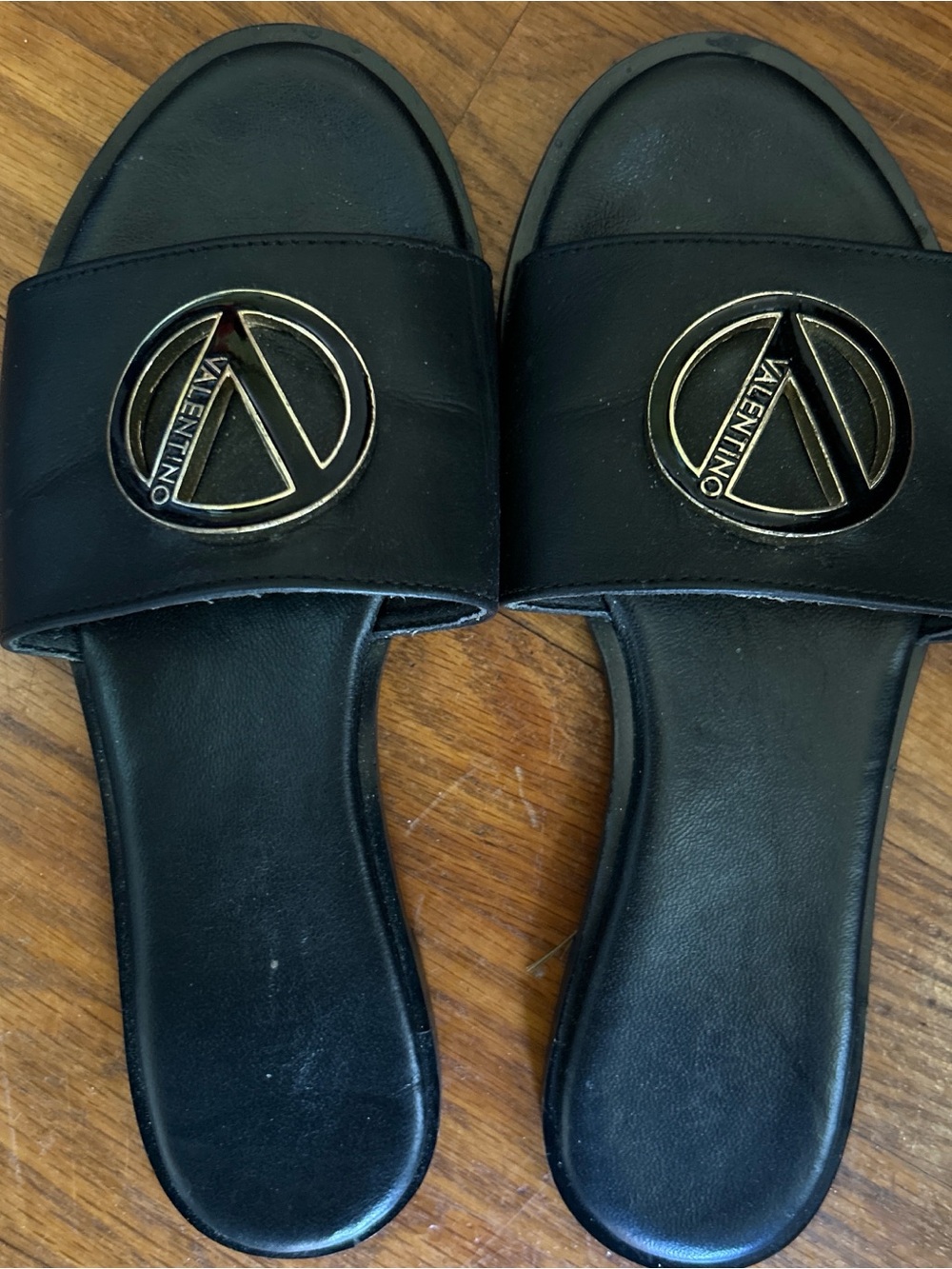 Valentino Black Slides with Gold Logo Medallions